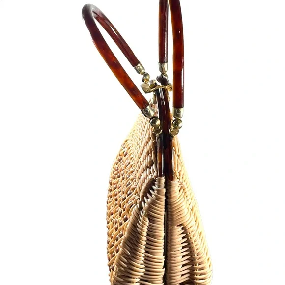 #37 VTG  Wicker Lucite handle fancy woven basket bead purse - Picture 9 of 16